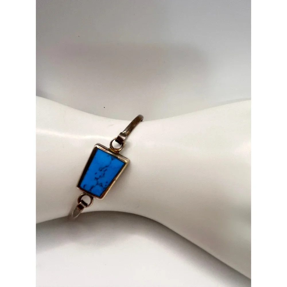 Vintage Mexican 925 Sterling Silver Blue Inlay Bracelet 6.5